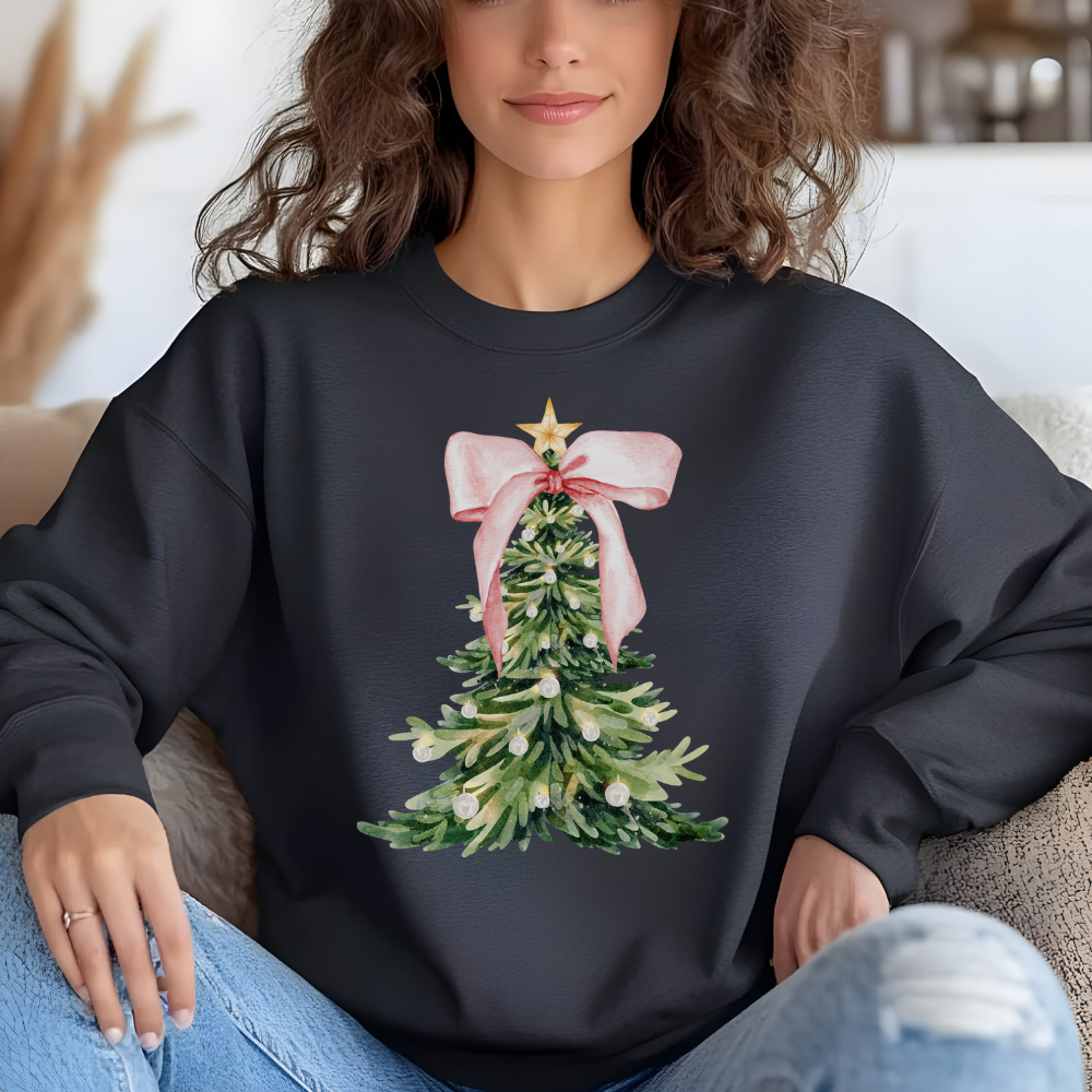 Christmas Tree Print Crewneck Pullover | Cozy Holiday Sweatshirt for Women