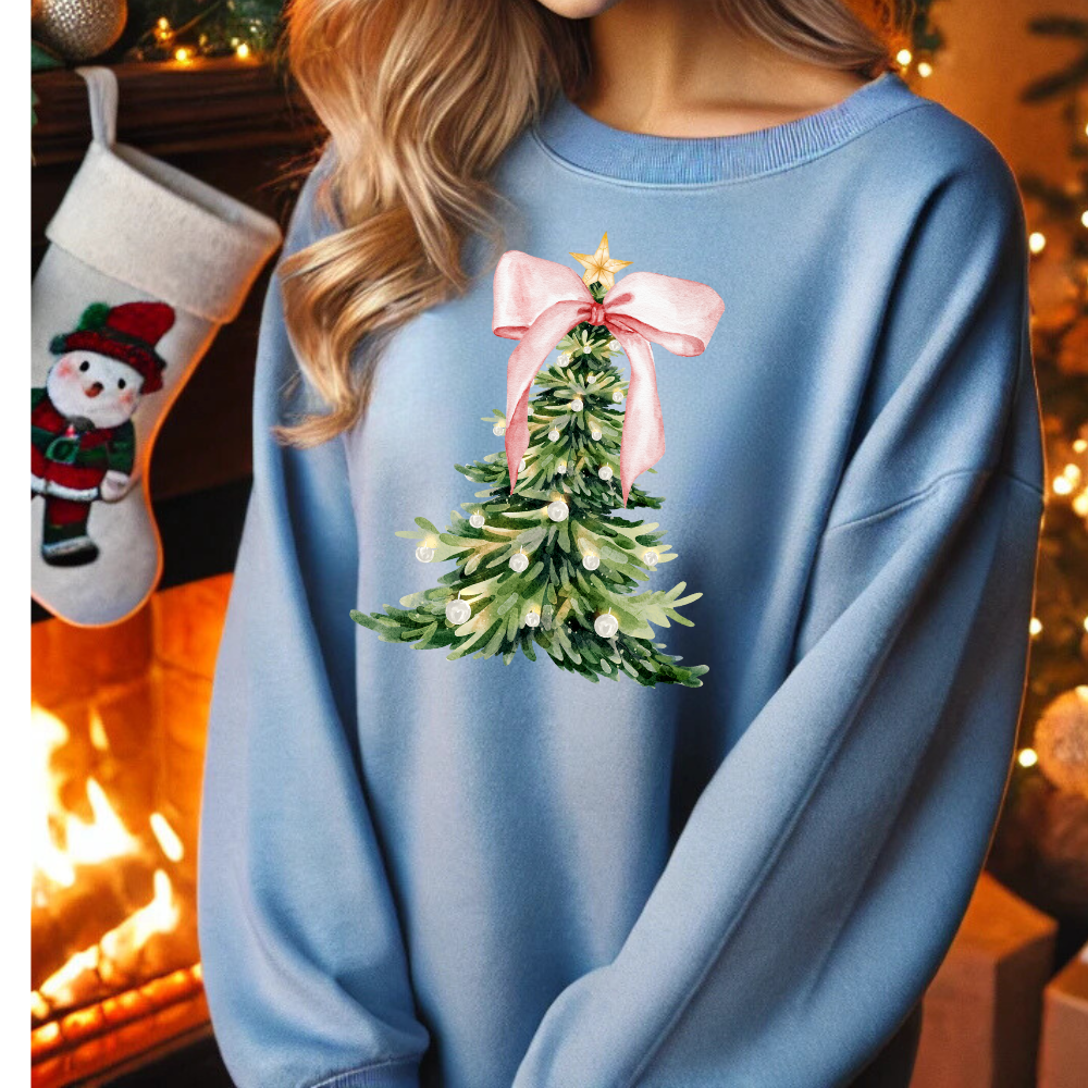 Christmas Tree Print Crewneck Pullover Holiday Sweatshirt