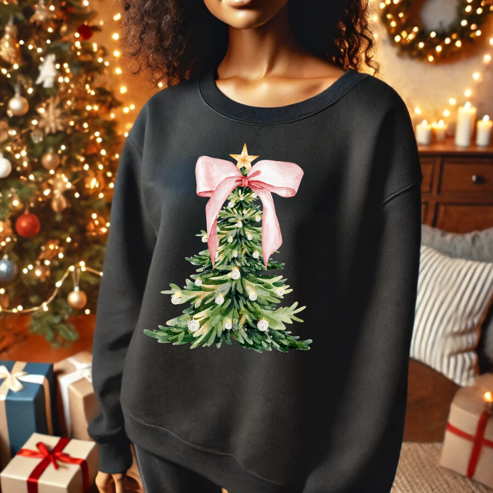 Christmas Tree Print Crewneck Pullover Holiday Sweatshirt
