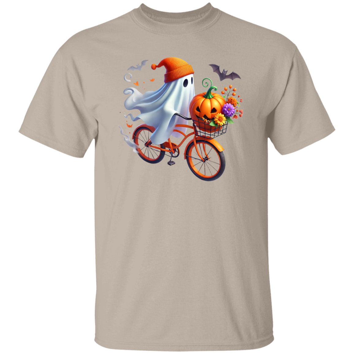 Cute Ghost Riding a Bike Halloween T-Shirt | Spooky Season Fall Tee for Women