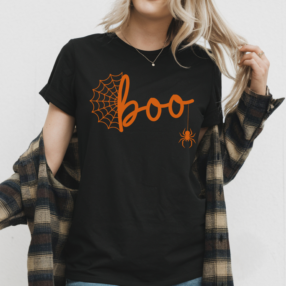Boo T-Shirt | Spider Web Halloween Graphic Tee for Teen Girls & Women