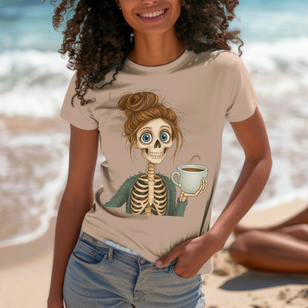 Skeleton Woman with Coffee T-Shirt | Cute Halloween Graphic Tee for Teen Girls & Women