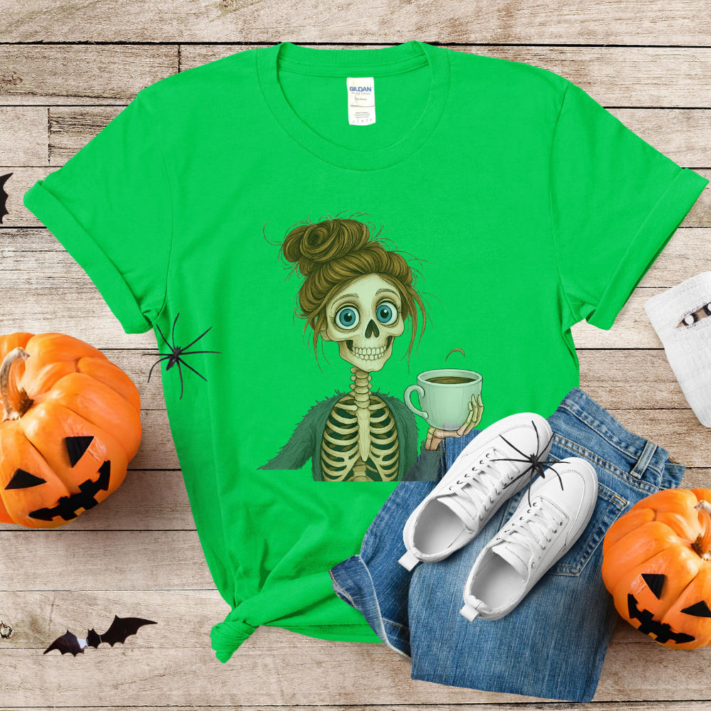 Skeleton Woman with Coffee T-Shirt | Cute Halloween Graphic Tee for Teen Girls & Women