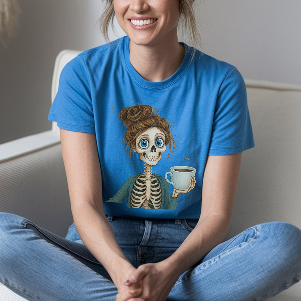 Skeleton Woman with Coffee T-Shirt | Cute Halloween Graphic Tee for Teen Girls & Women