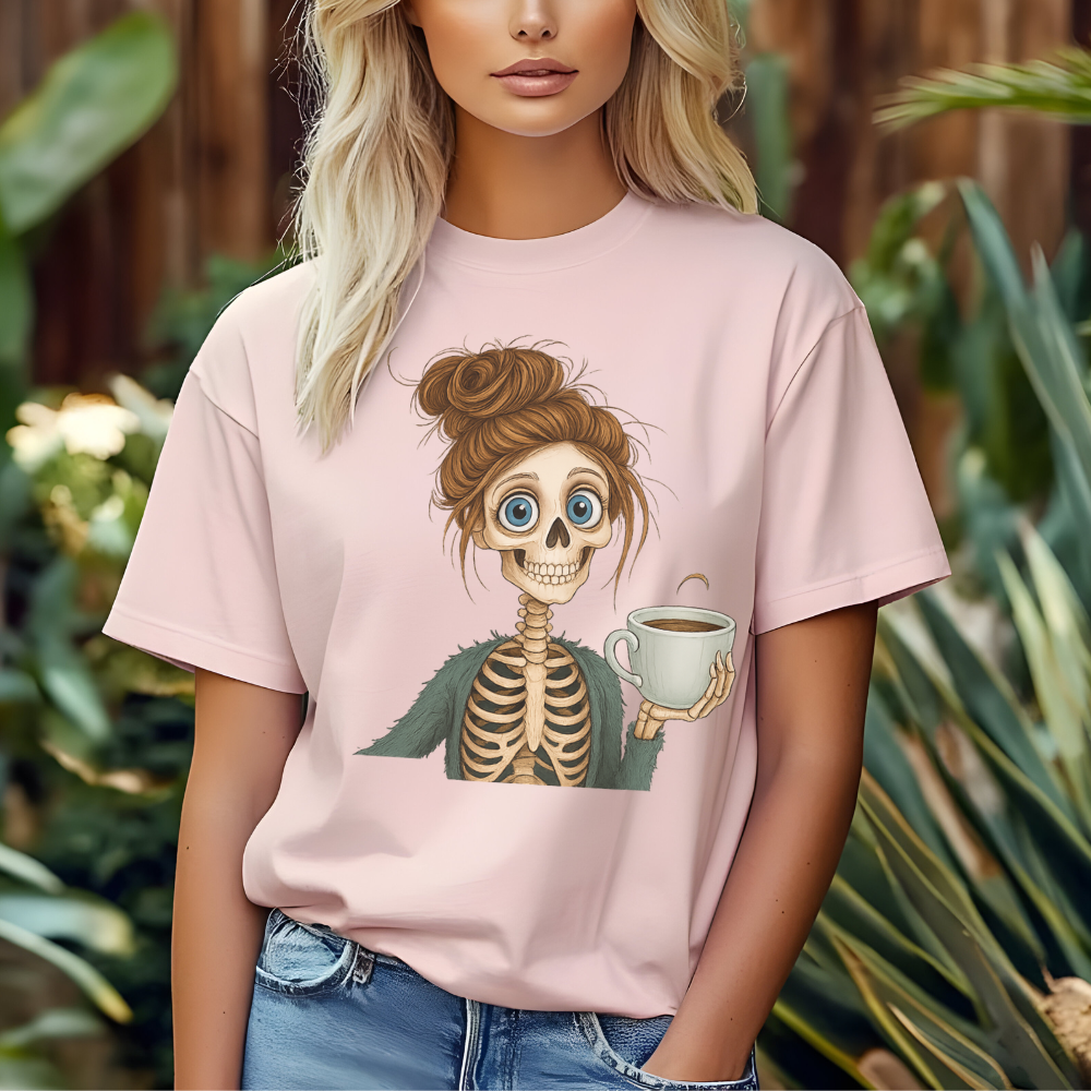Skeleton Woman with Coffee T-Shirt | Cute Halloween Graphic Tee for Teen Girls & Women