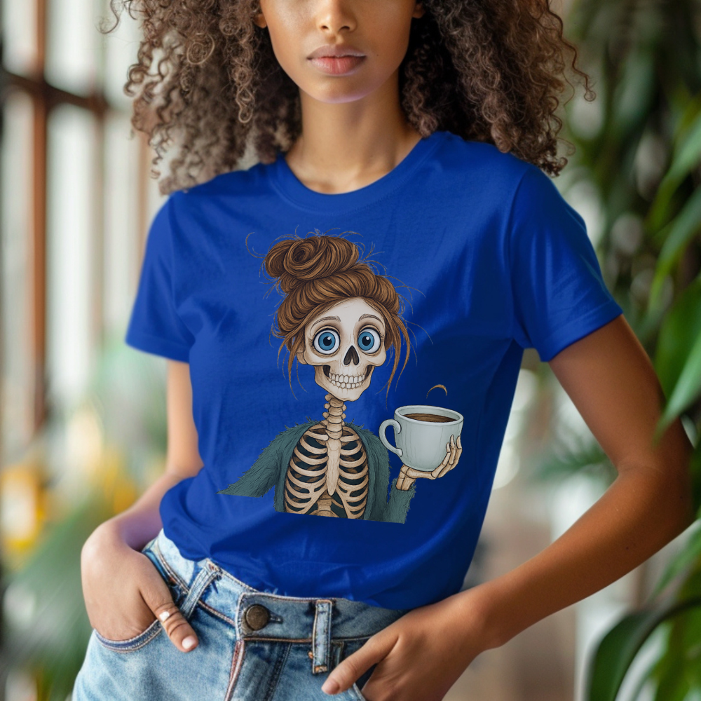Skeleton Woman with Coffee T-Shirt | Cute Halloween Graphic Tee for Teen Girls & Women