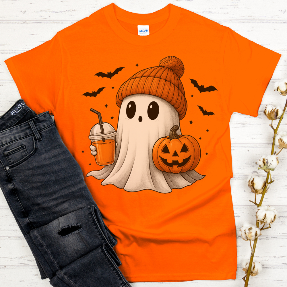 Cute Ghost with Drink & Pumpkin T-Shirt | Fun Halloween Tee for Teen Girls & Women