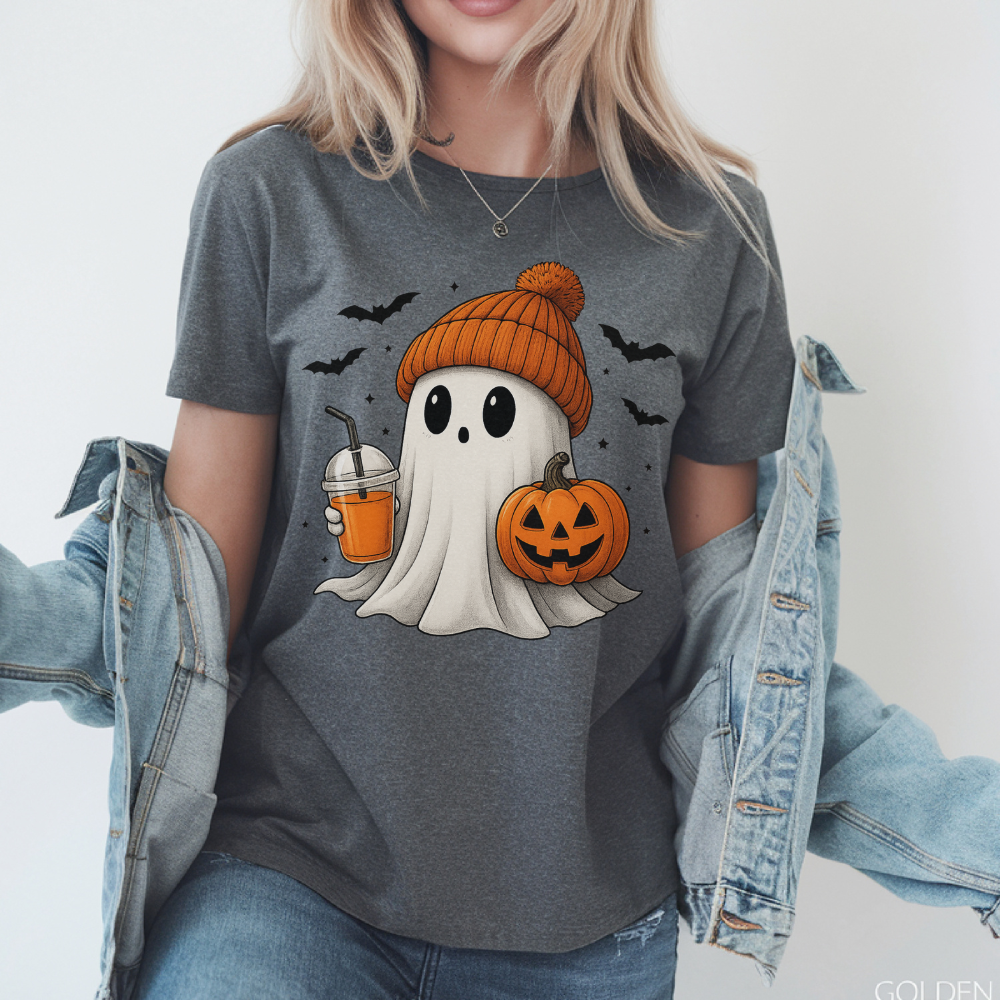 Cute Ghost with Drink & Pumpkin T-Shirt | Fun Halloween Tee for Teen Girls & Women