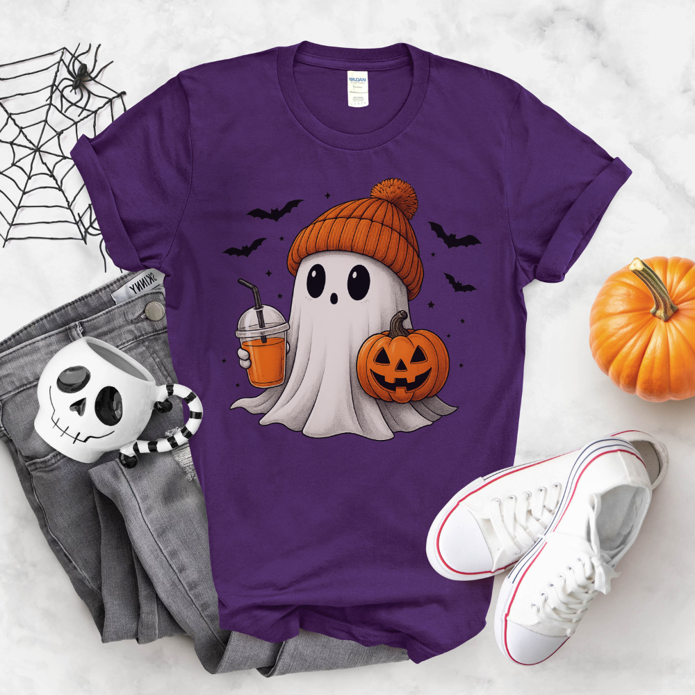 Cute Ghost with Drink & Pumpkin T-Shirt | Fun Halloween Tee for Teen Girls & Women