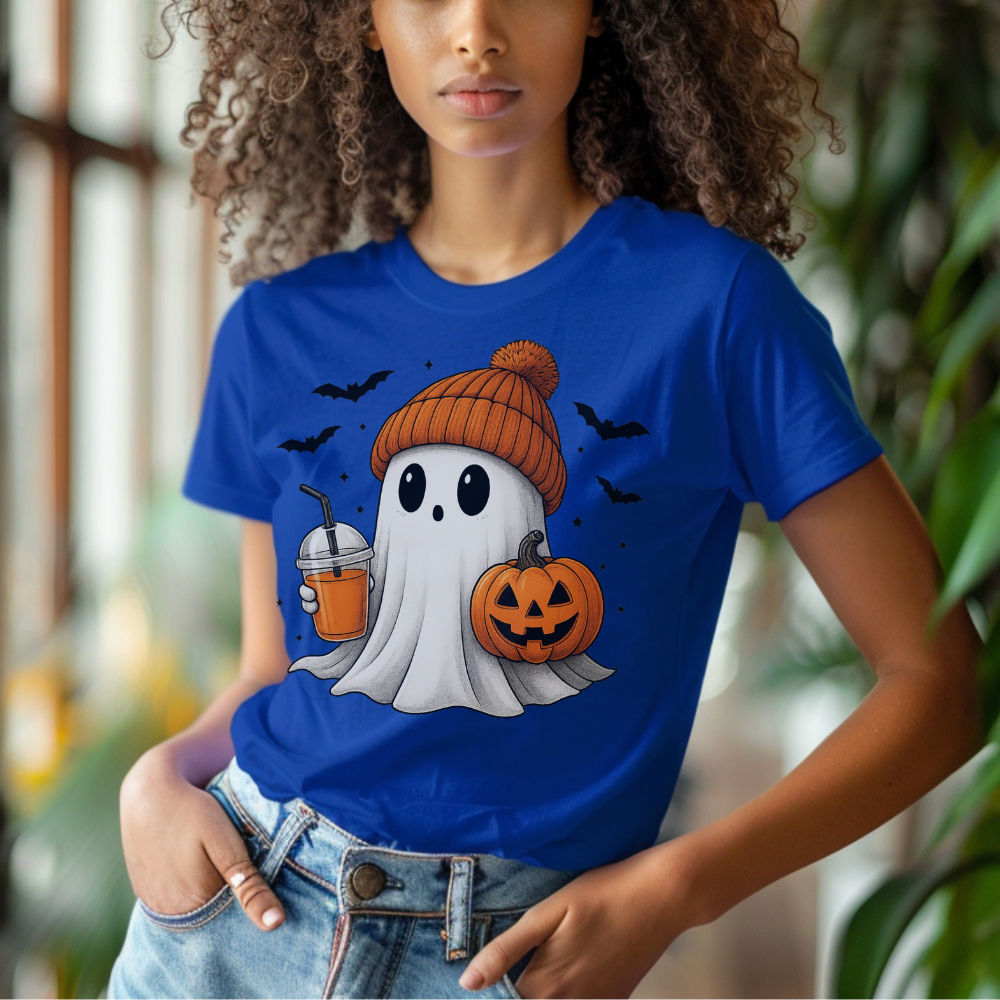 Cute Ghost with Drink & Pumpkin T-Shirt | Fun Halloween Tee for Teen Girls & Women