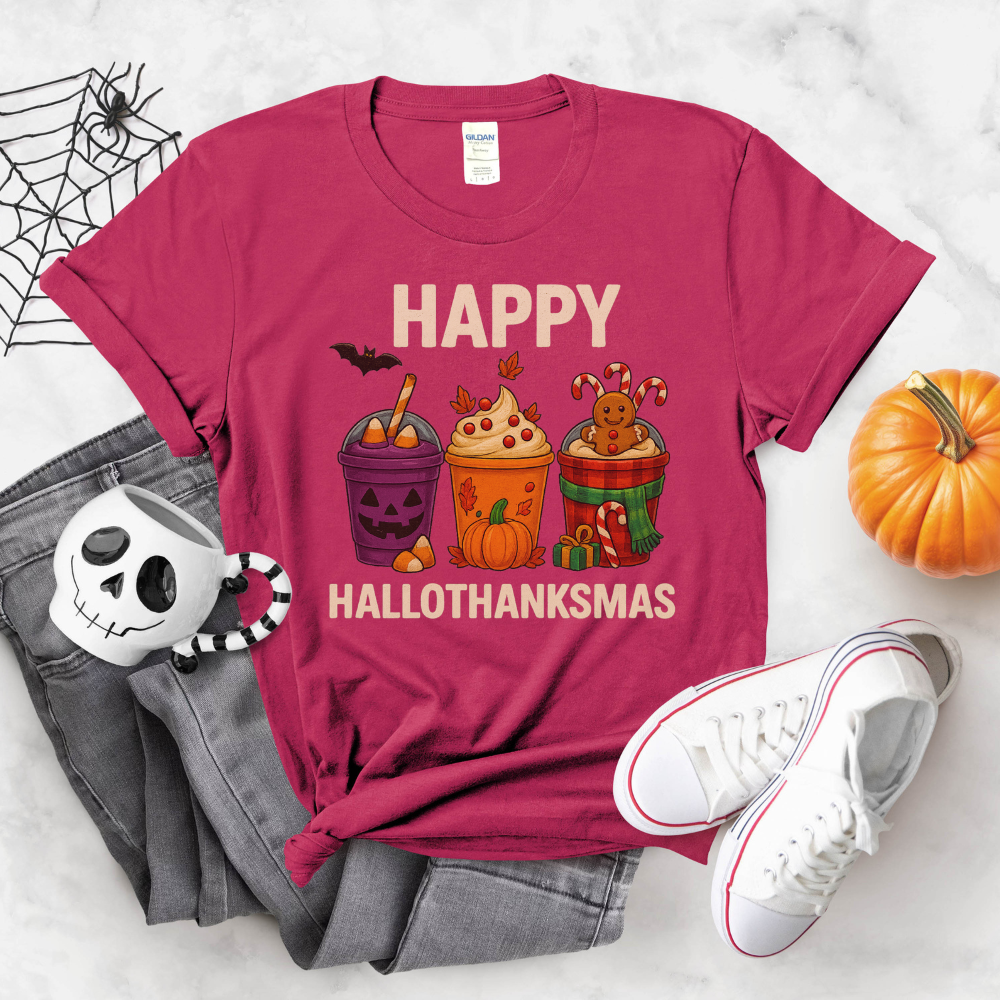 Happy HalloThanksMas T-Shirt | Funny Holiday Tee for Teen Girls & Women