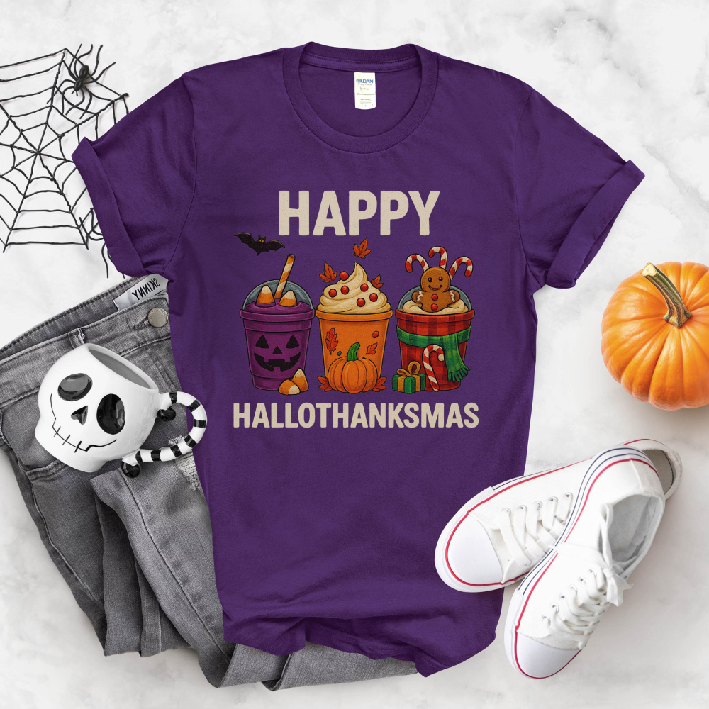 Happy HalloThanksMas T-Shirt | Funny Holiday Tee for Teen Girls & Women