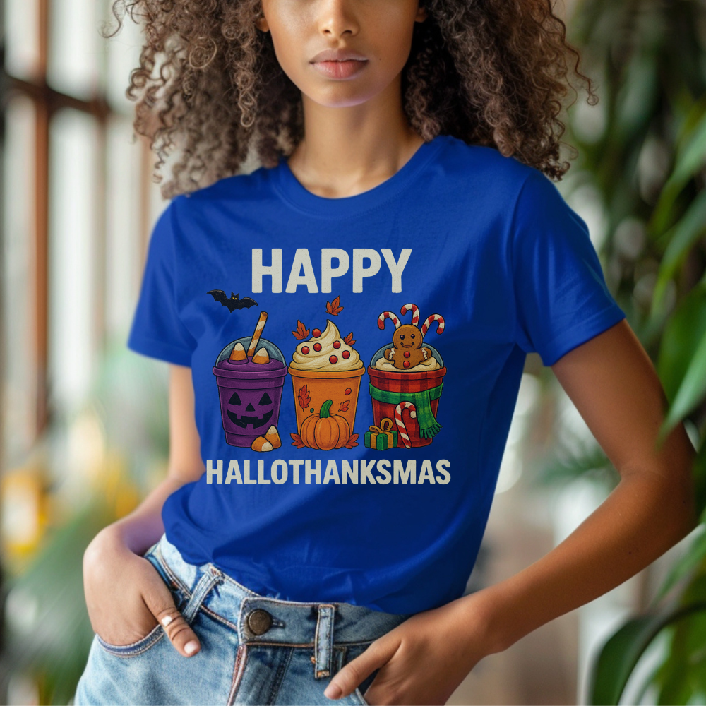 Happy HalloThanksMas T-Shirt | Funny Holiday Tee for Teen Girls & Women
