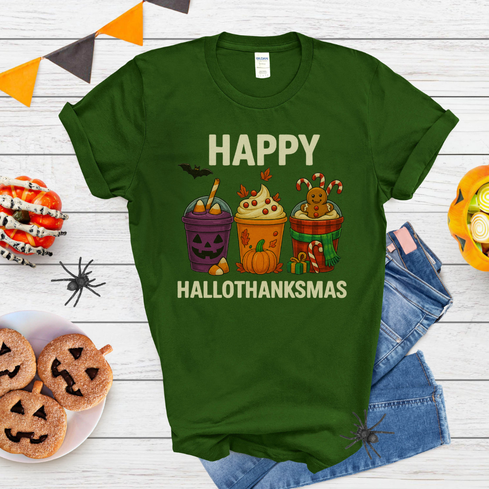 Happy HalloThanksMas T-Shirt | Funny Holiday Tee for Teen Girls & Women