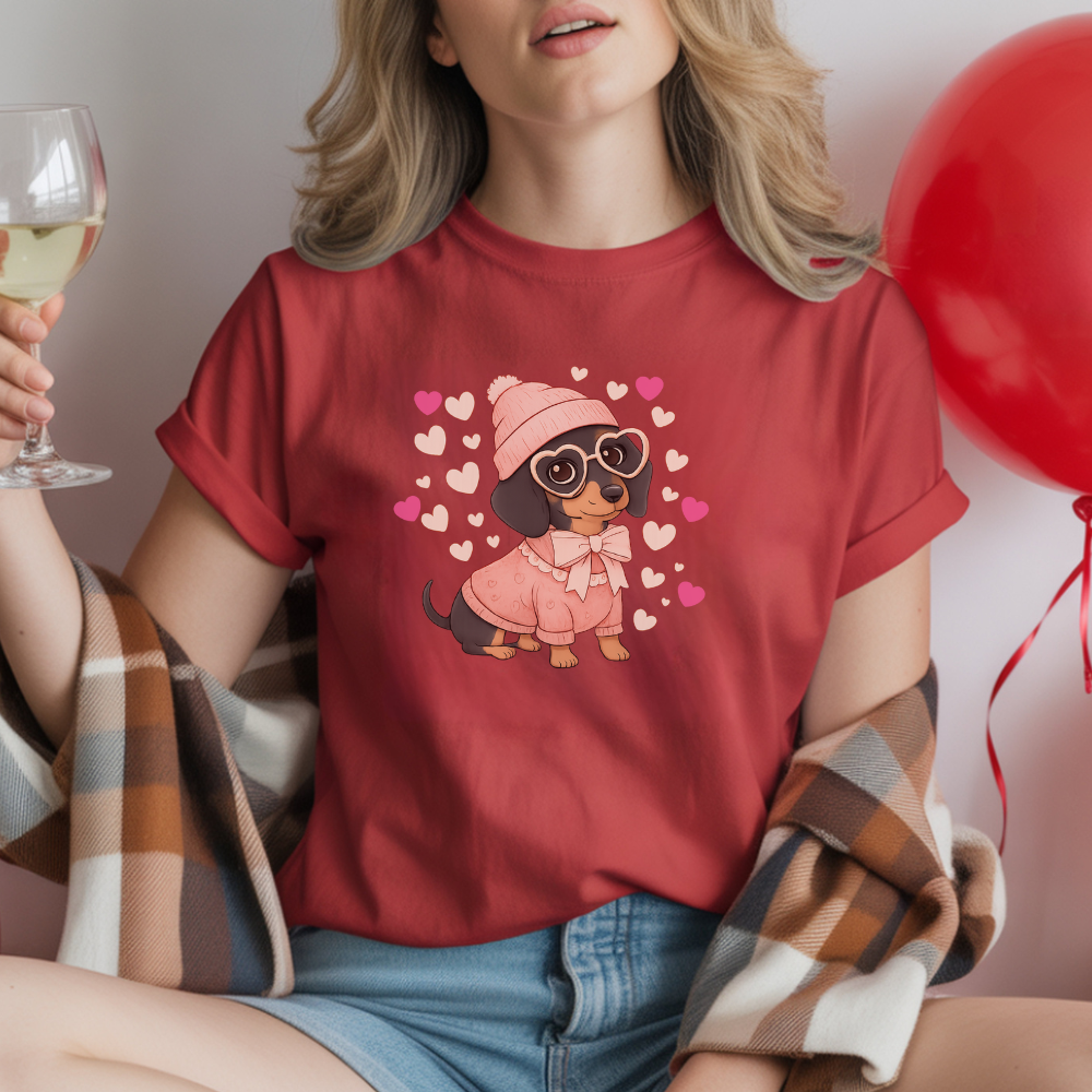 Cute Valentine Dachshund T-Shirt – Dog Mom Heart Puppy Tee