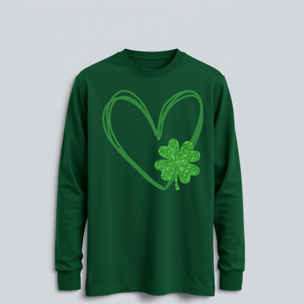 Printed Glitter Clover Heart T-Shirt-For Women