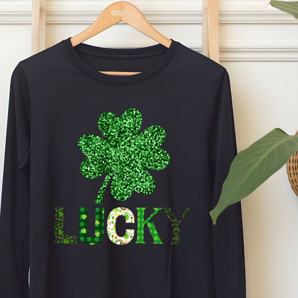 Printed Glitter Lucky Long-Sleeve Sparkly Tee-For Women