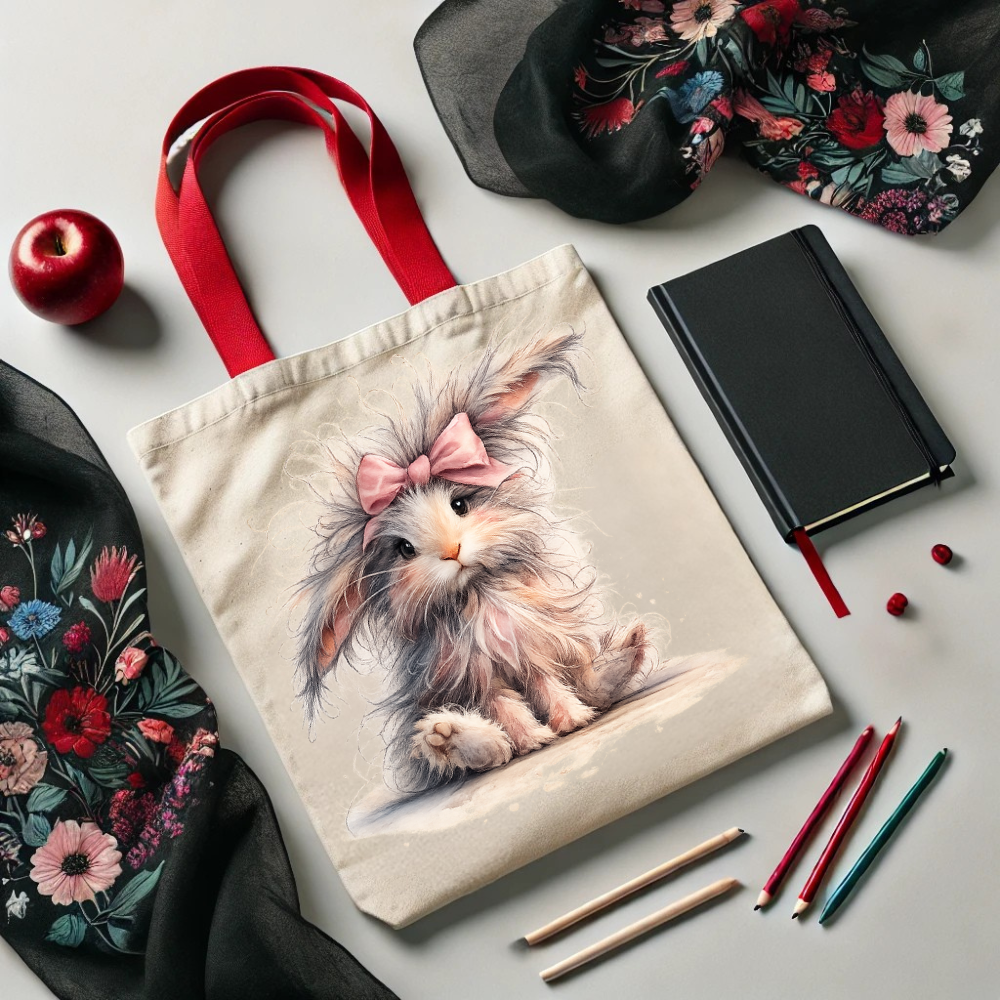 Tote bag with a cute illustration of a fluffy animal wearing a pink bow, surrounded by stationery items on a light surface.