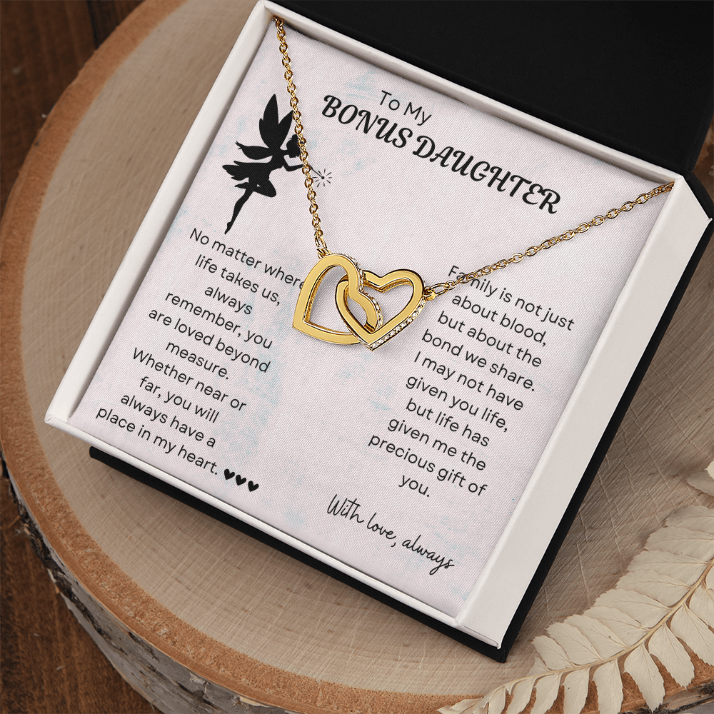 To My Bonus Daughter Interlocking Heart Necklace – Meaningful Bonus Daughter Gift, Elegant Jewelry from Bonus Mom or Dad