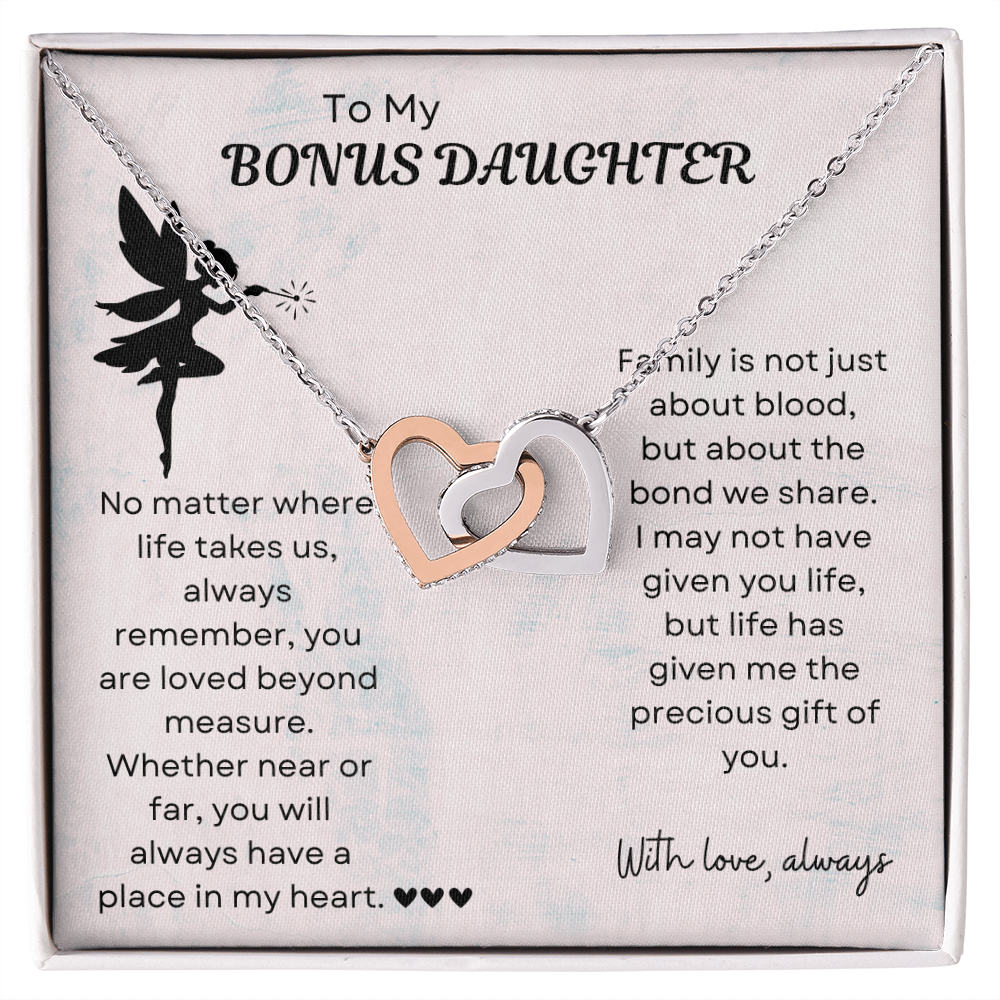 To My Bonus Daughter Interlocking Heart Necklace – Meaningful Bonus Daughter Gift, Elegant Jewelry from Bonus Mom or Dad