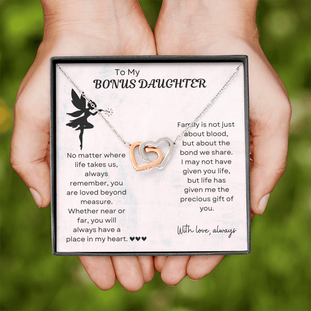 To My Bonus Daughter Interlocking Heart Necklace – Meaningful Bonus Daughter Gift, Elegant Jewelry from Bonus Mom or Dad