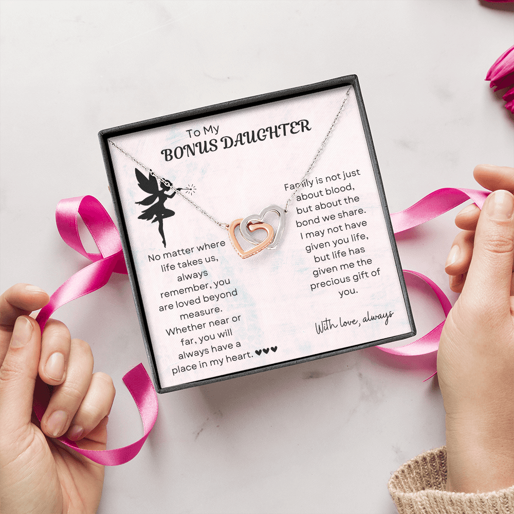 To My Bonus Daughter Interlocking Heart Necklace – Meaningful Bonus Daughter Gift, Elegant Jewelry from Bonus Mom or Dad