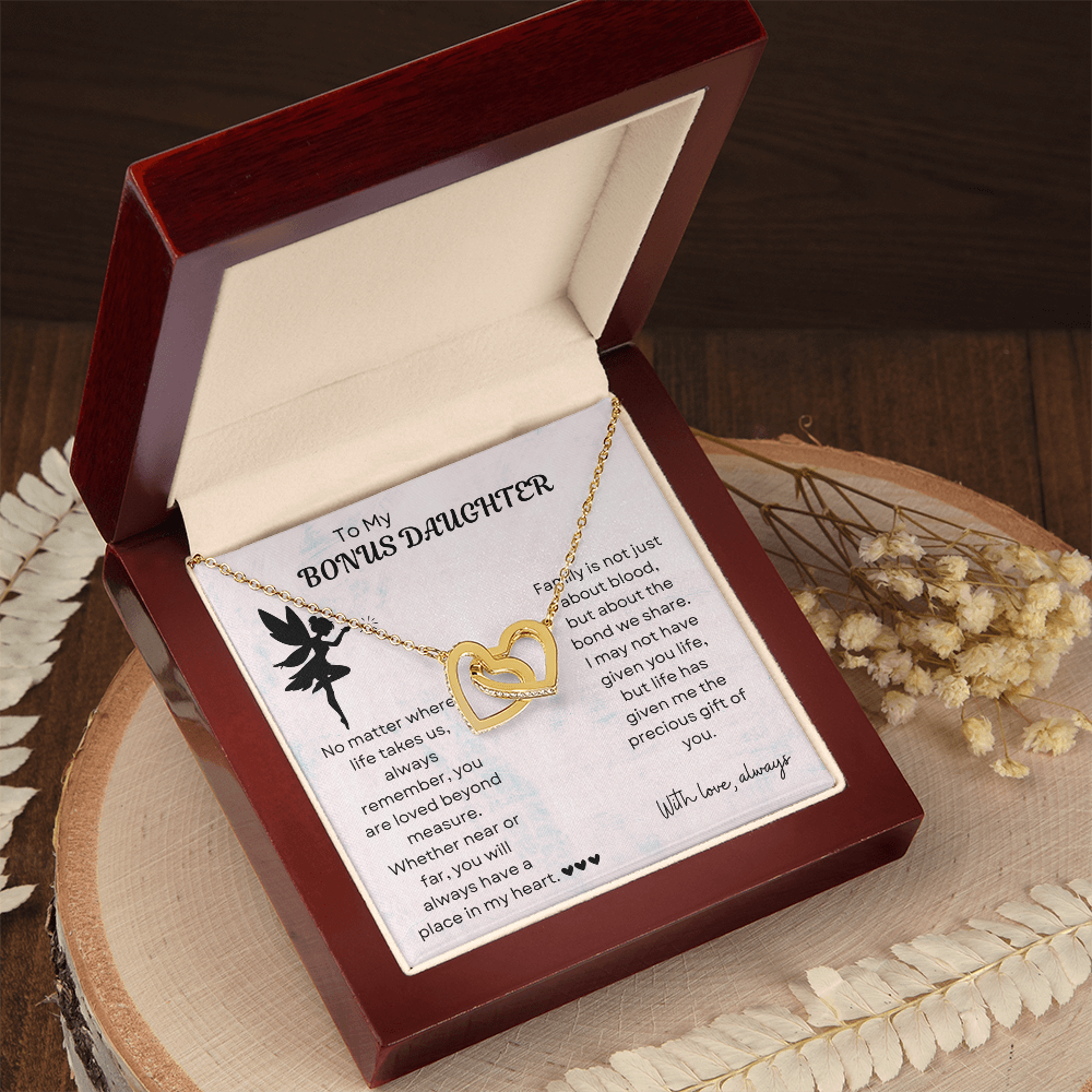 To My Bonus Daughter Interlocking Heart Necklace – Meaningful Bonus Daughter Gift, Elegant Jewelry from Bonus Mom or Dad