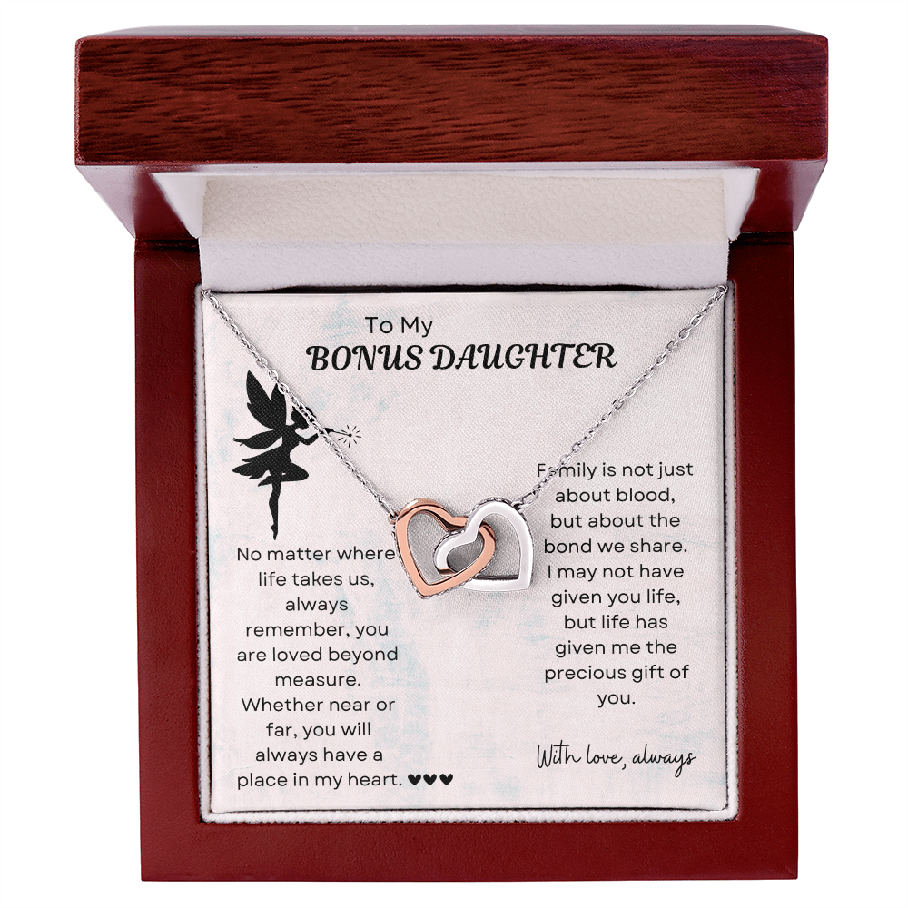 To My Bonus Daughter Interlocking Heart Necklace – Meaningful Bonus Daughter Gift, Elegant Jewelry from Bonus Mom or Dad