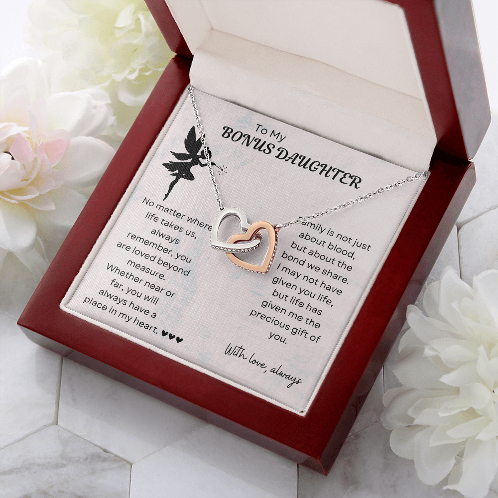 To My Bonus Daughter Interlocking Heart Necklace – Meaningful Bonus Daughter Gift, Elegant Jewelry from Bonus Mom or Dad