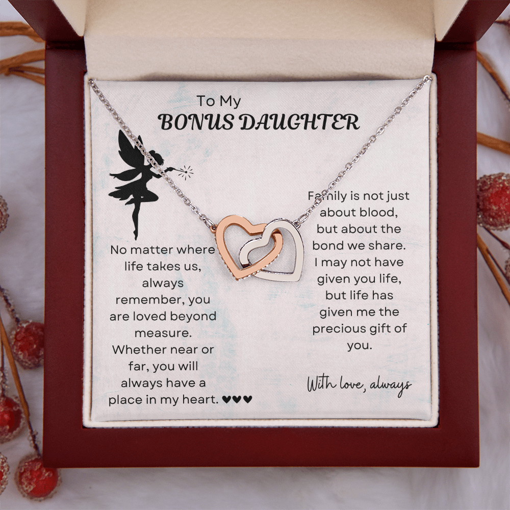 To My Bonus Daughter Interlocking Heart Necklace – Meaningful Bonus Daughter Gift, Elegant Jewelry from Bonus Mom or Dad