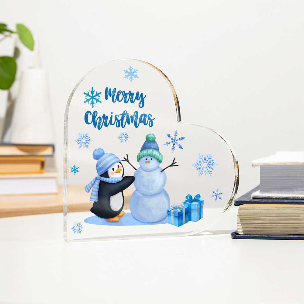 Merry Christmas Heart Acrylic Plaque – Cute Penguin & Snowman Design