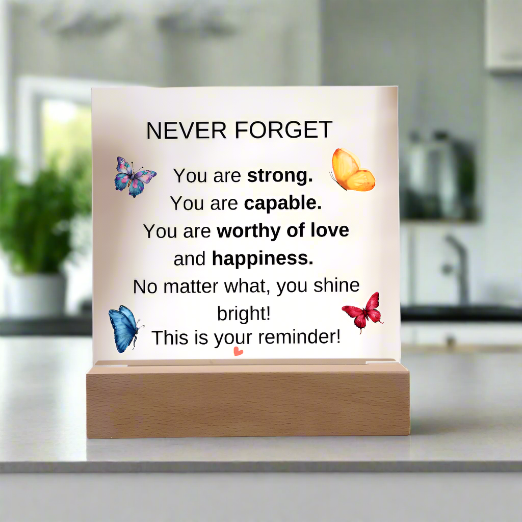 Never Forget Acrylic Square LED Plaque – Illuminated Motivational Gift for Inspiration & Encouragement