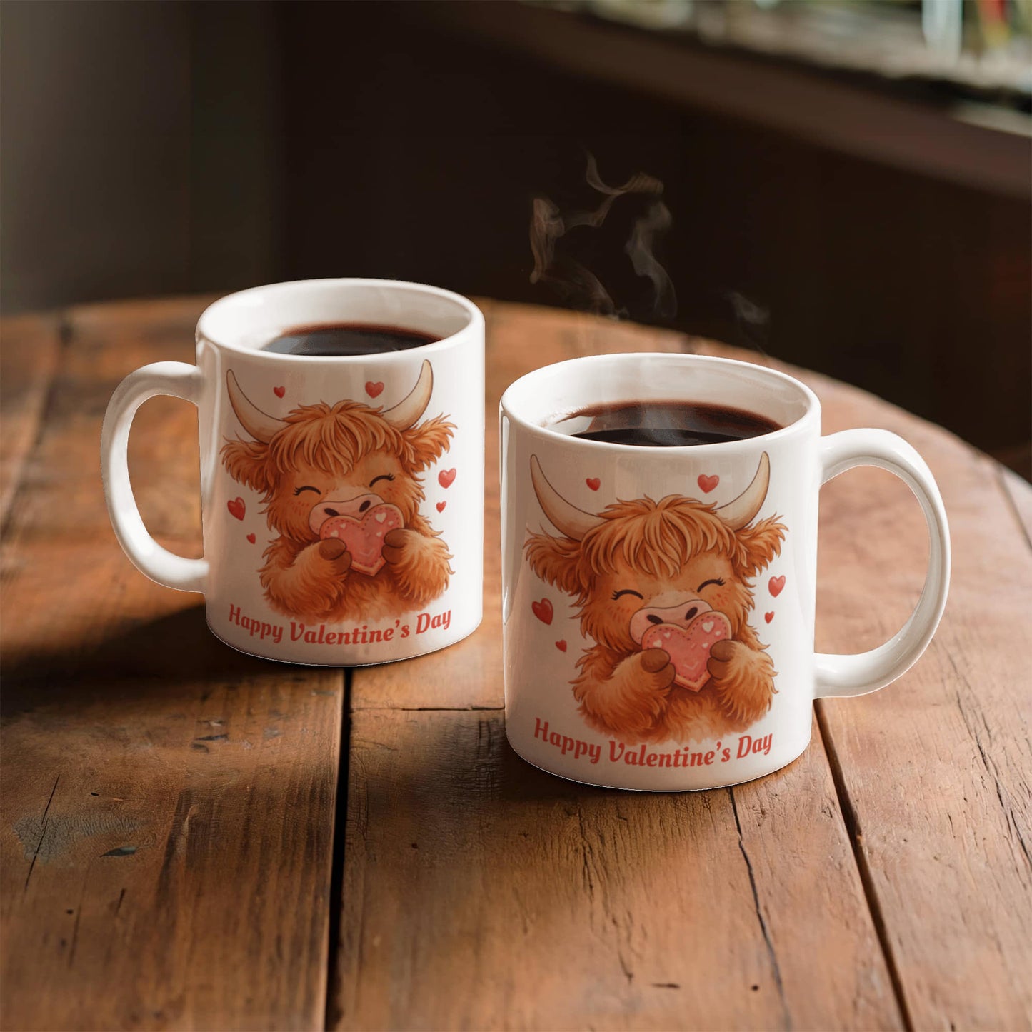 Valentine Highland Cow Mug – Cute Heart-Holding Cow Cup