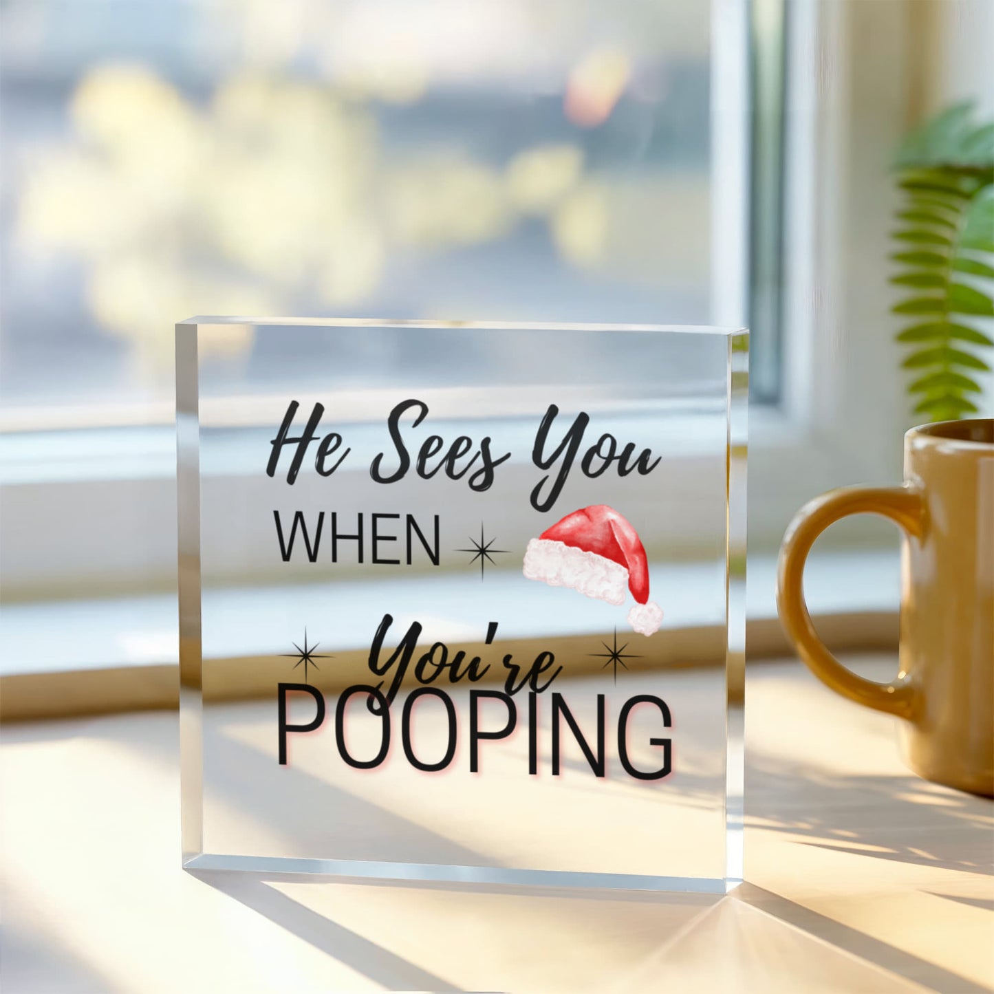 Funny Christmas Acrylic Block – “He Sees You When You’re Pooping” Holiday Décor
