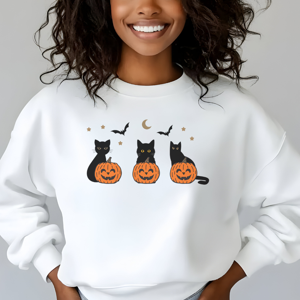 Black Cat Halloween Sweatshirt | Cozy Spooky Season Crewneck for Women