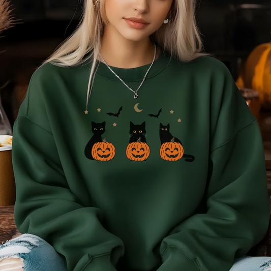 Black Cat Halloween Sweatshirt | Cozy Spooky Season Crewneck for Women