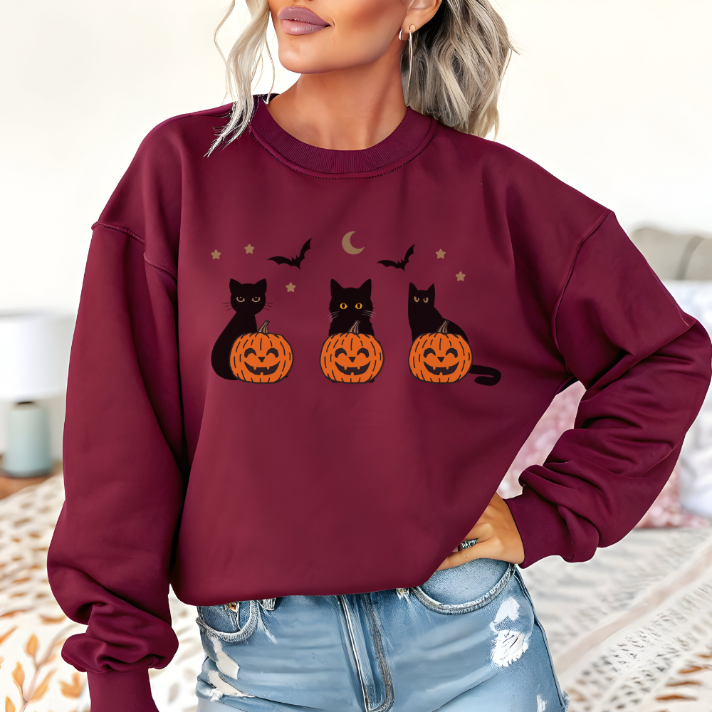 Black Cat Halloween Sweatshirt | Cozy Spooky Season Crewneck for Women