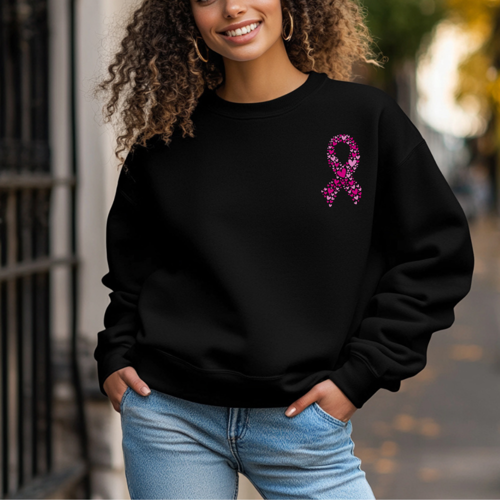 Pink Heart Ribbon Sweatshirt – Breast Cancer Awareness Gift | Support, Strength & Hope for Fighters, Survivors & Loved Ones