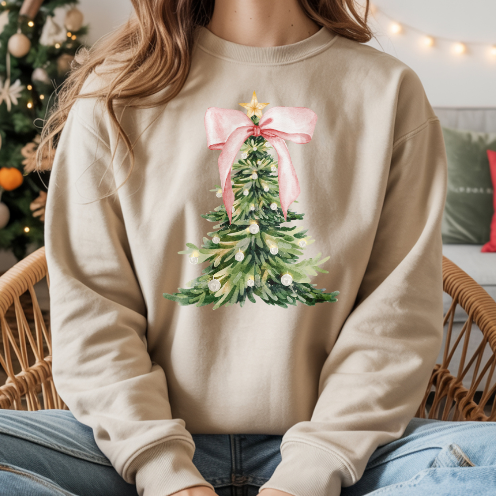 Christmas Tree Print Crewneck Pullover | Cozy Holiday Sweatshirt for Women