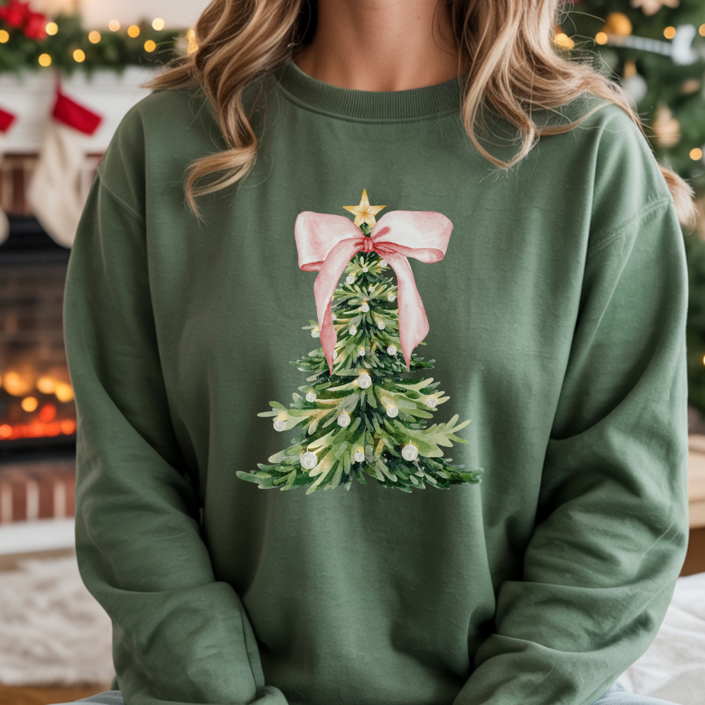 Christmas Tree Print Crewneck Pullover | Cozy Holiday Sweatshirt for Women
