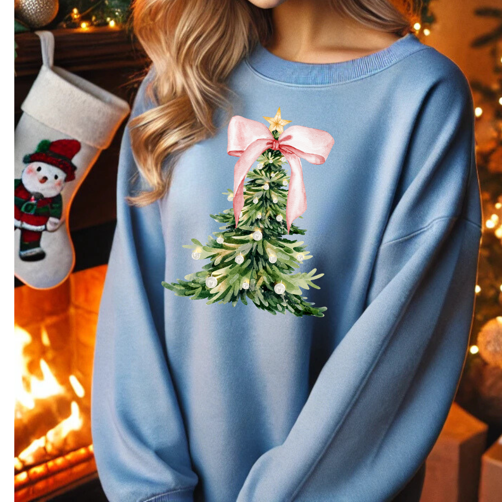 Christmas Tree Print Crewneck Pullover  Holiday Sweatshirt