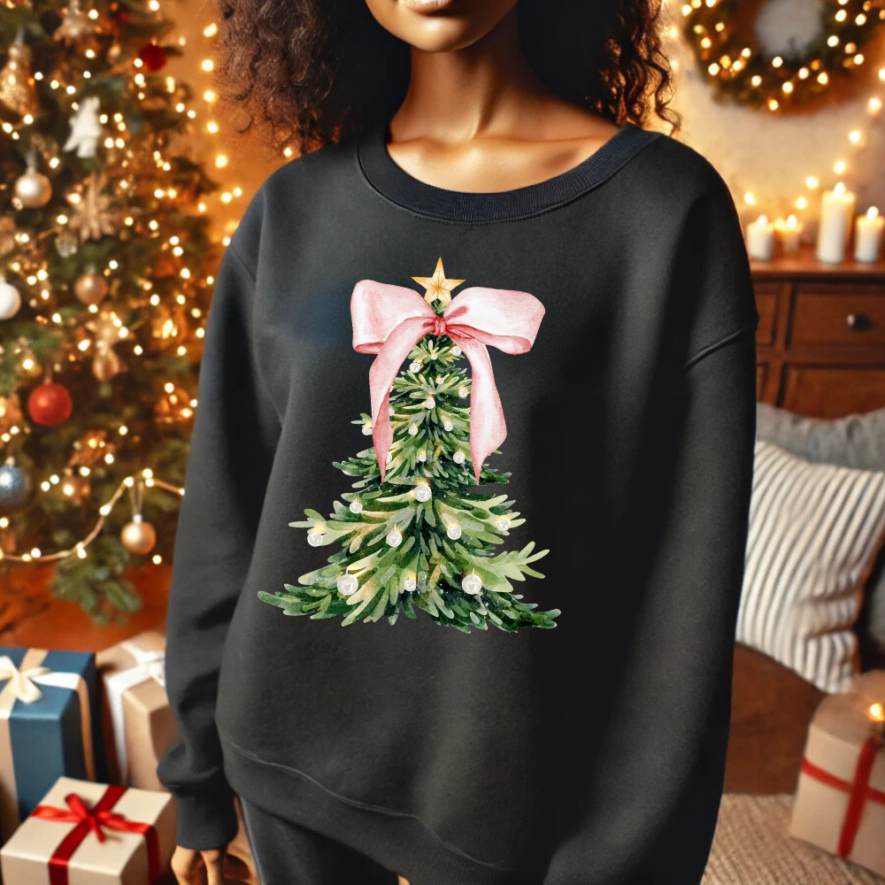 Christmas Tree Print Crewneck Pullover  Holiday Sweatshirt