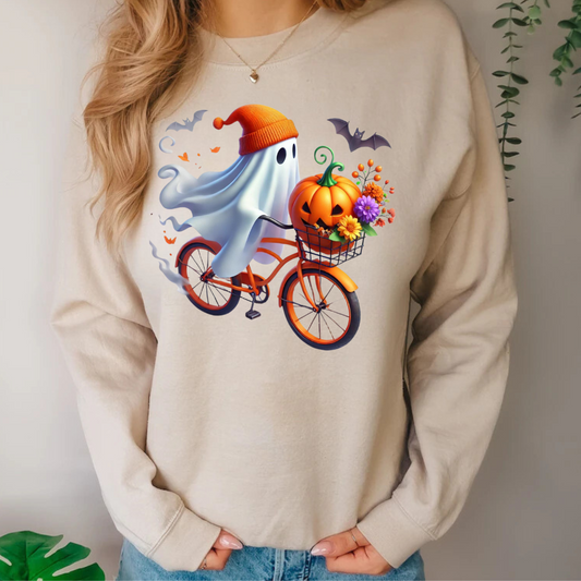 Cute Ghost Riding A Bike Crewneck  Halloween Sweatshirt