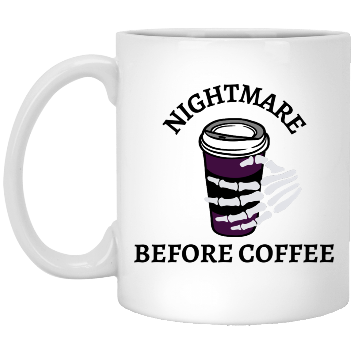 Nightmare Before Coffee Purple with Skeleton Hand White Mug