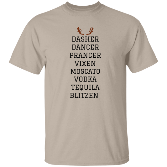 Dasher Dancer Prancer Vixen Moscato Vodka Tequila Blitzen:Drinking Christmas T-Shirt