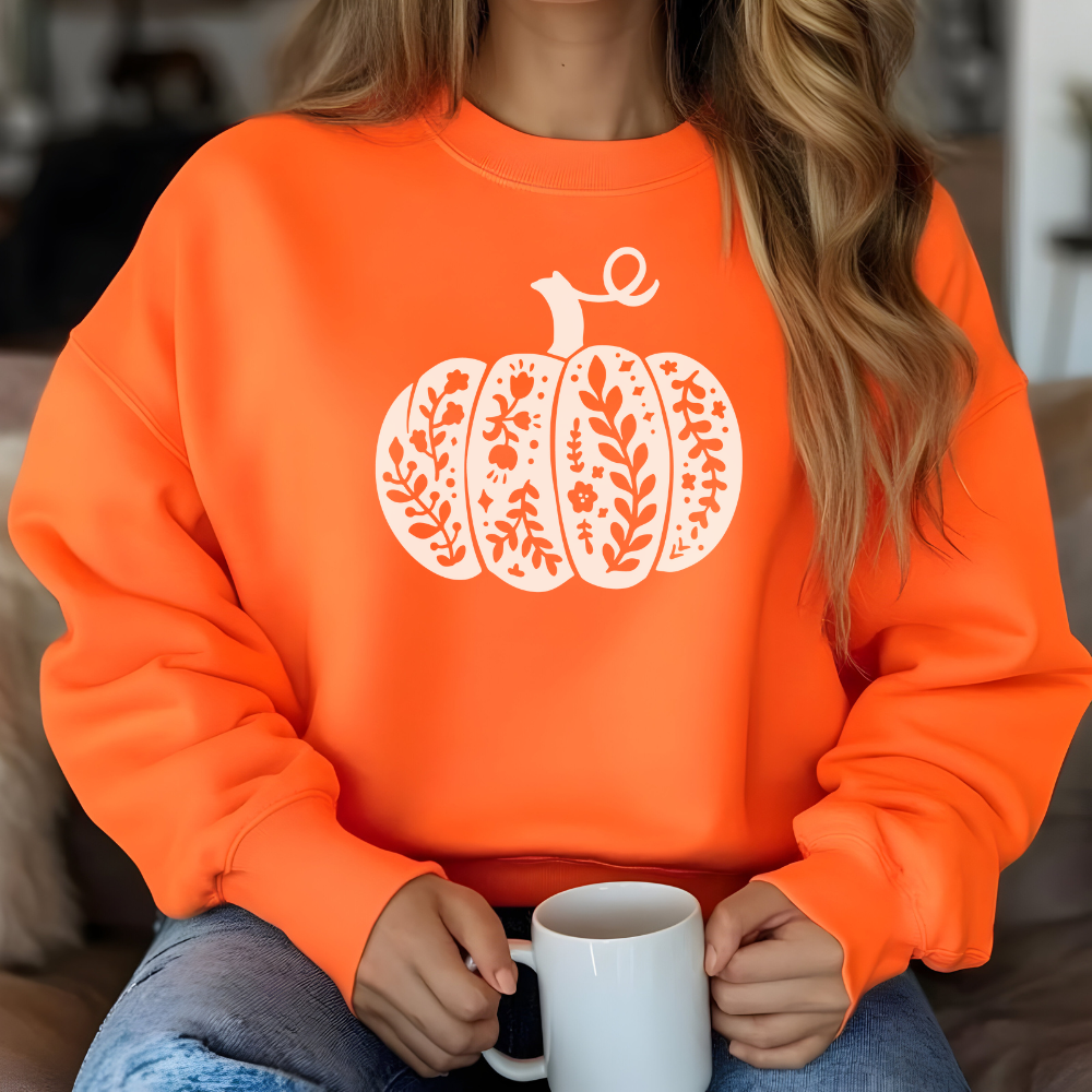 Floral Pumpkin Crewneck Pullover Sweatshirt | Cozy Fall & Thanksgiving Sweatshirt for Women