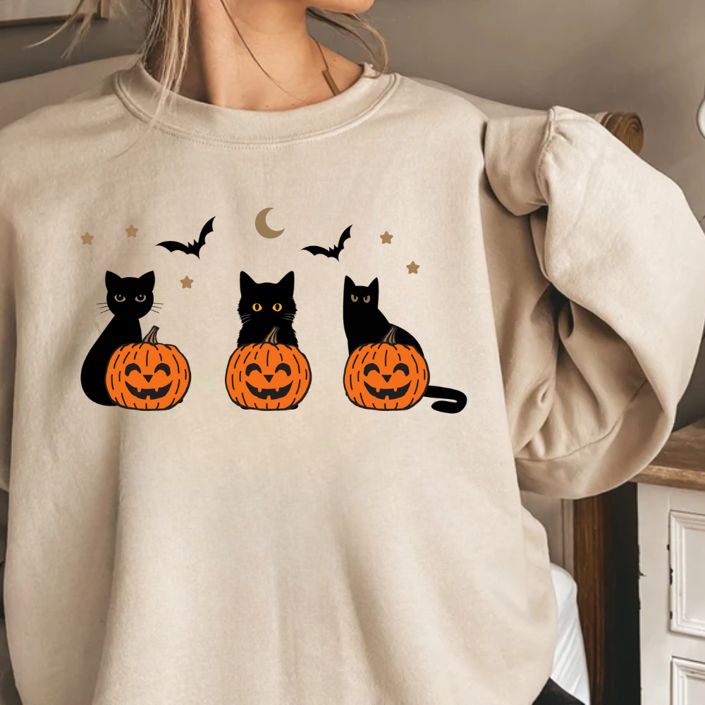 Yihaojia Halloween Cat Sweatshirt For Women - Funny Ghost Graphic, Loose Fit Oversized Crewneck, Long Sleeve Black Top