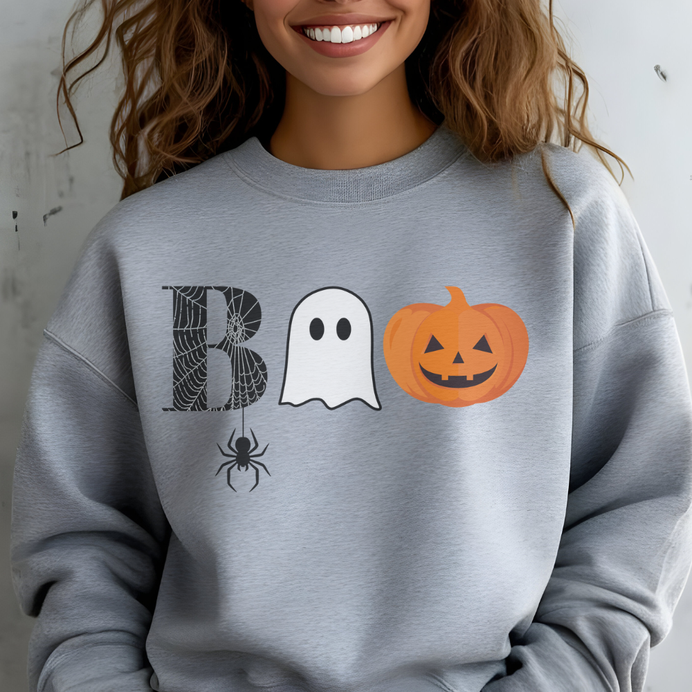 Boo Sweatshirt | Cute Halloween Pullover with Spiderweb, Ghost & Pumpkin Design for Teen Girls & Women