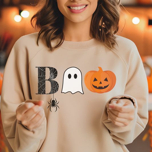 Boo Sweatshirt | Cute Halloween Pullover with Spiderweb, Ghost & Pumpkin Design for Teen Girls & Women