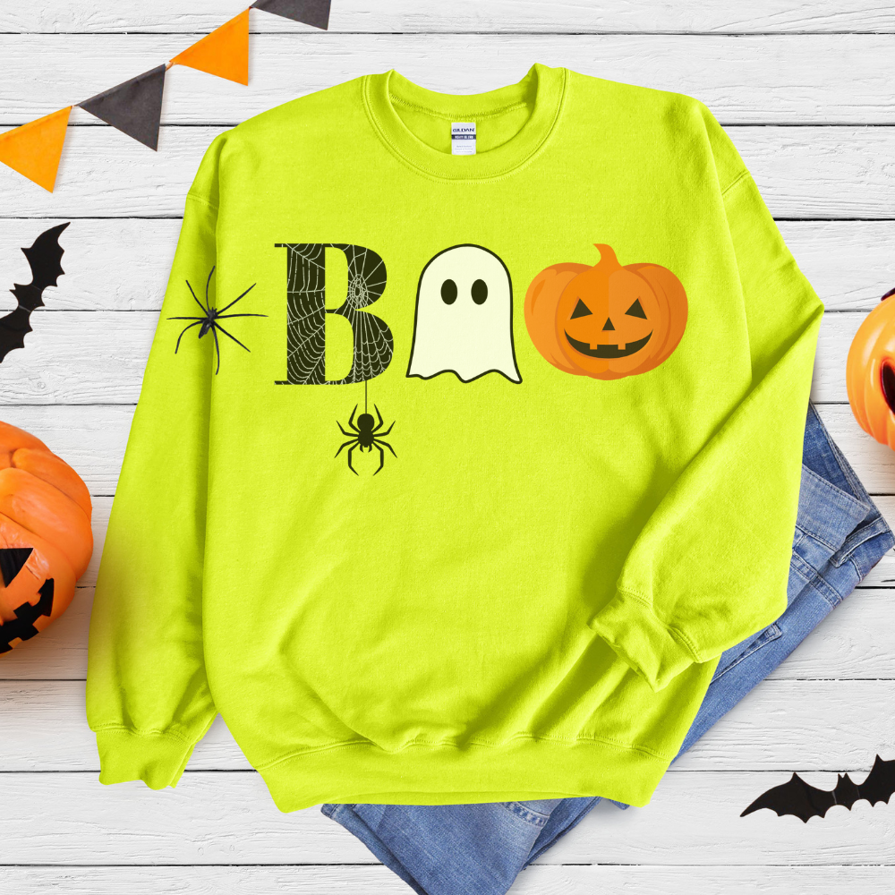 Boo Sweatshirt | Cute Halloween Pullover with Spiderweb, Ghost & Pumpkin Design for Teen Girls & Women